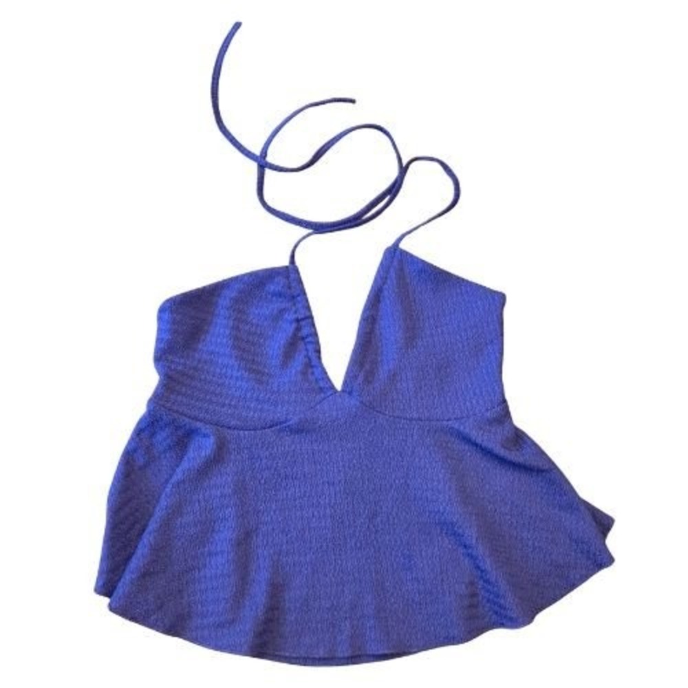 Purple M Textured Halter Tie Neck Peplum Top Women Fit Flare Beach Summer Date
